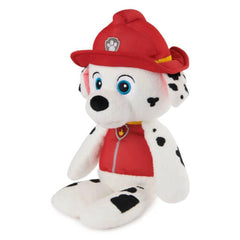 Take Along Marshall plush toy features a Dalmatian design with black spots, wearing a red hat and vest, sitting upright.
