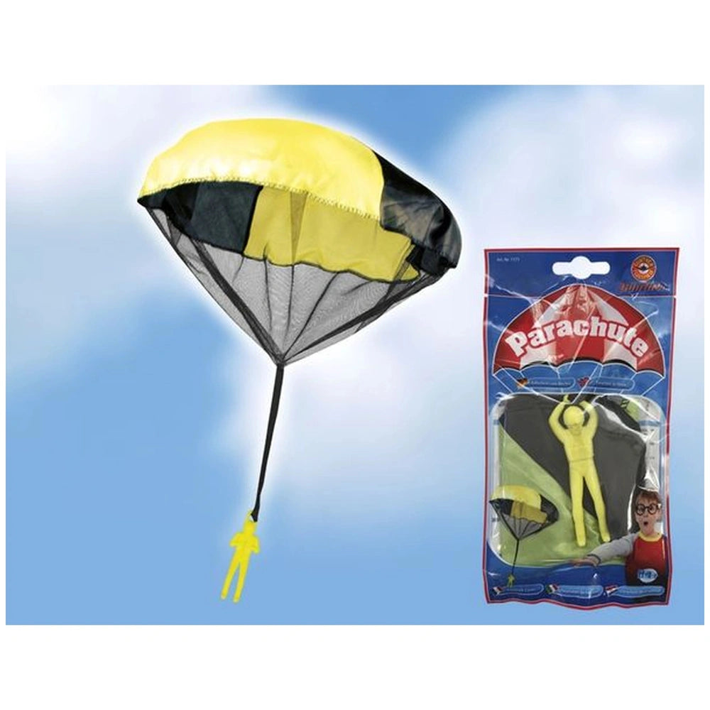 Parachute throwing toy with yellow, black, and white kite, packaged in blue and red, marked for ages 10+.