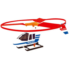 Gunther Flugspiele Police Action Helicopter features a white body with blue stripes, orange rotor blades, and black landing g