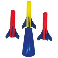 Gunther Flugspiele Pump Rocket Foam Toy set featuring three upright rockets in red, blue, and red with plastic and foam mater