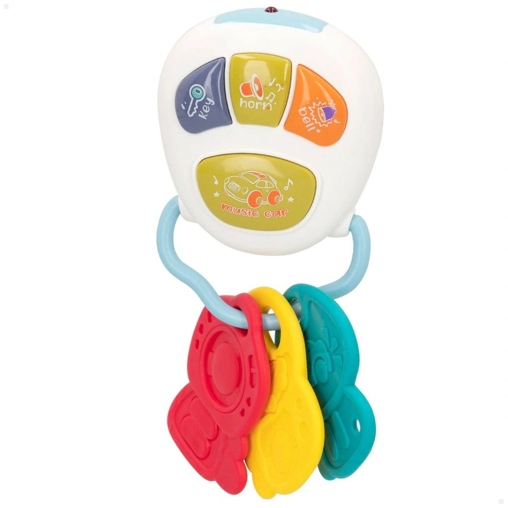 Happy Keys teething toy features a colorful design with a button and hangs from a blue string for baby activity.