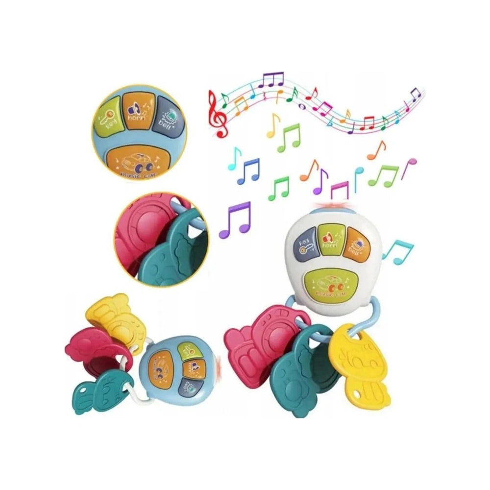 Happy Keys electronic car key toy teether set features colorful plastic toys including a smiling face, turtle, and musical no