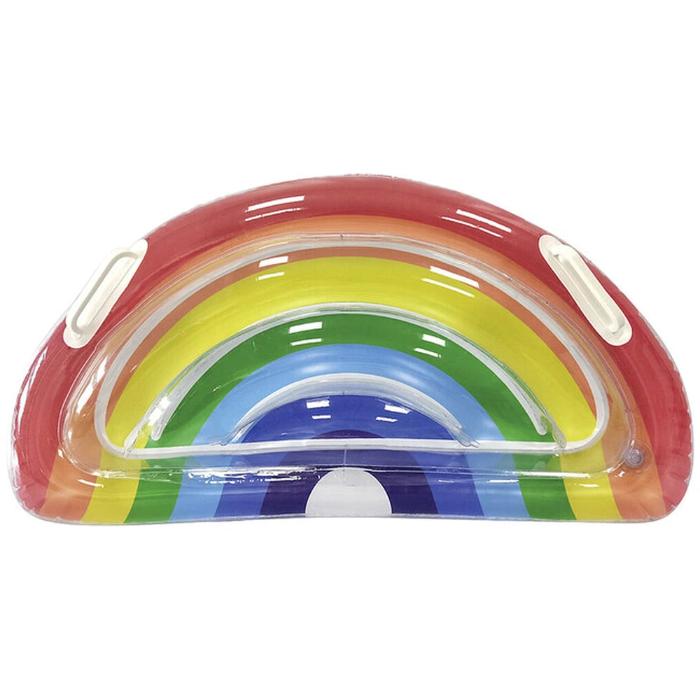 Rainbow-colored air mattress with glossy plastic finish and white handle, measuring 80 x 40 cm.