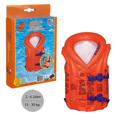 Bema inflatable life jacket for ages 2-6 years, featuring orange vest, blue straps, and white lining in retail packaging.