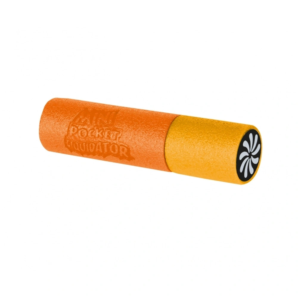 Foam Shooter Mini Pocket Liquidator features a gradient orange and yellow design with bold "MINI POCKET LIGHTER" text.