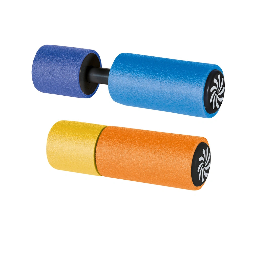 Happy People Foam Shooter features blue, yellow, and black matte cylindrical objects arranged centrally.