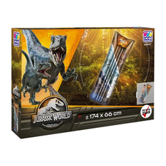 Happy People Jurassic World air mattress in glossy cardboard packaging features a gray dinosaur and vibrant yellow background