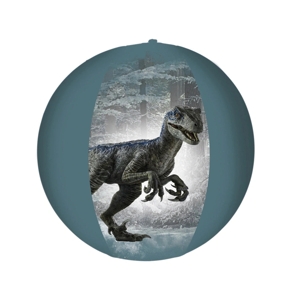 Jurassic World water ball featuring a gray and brown dinosaur figure against a snowy landscape background.