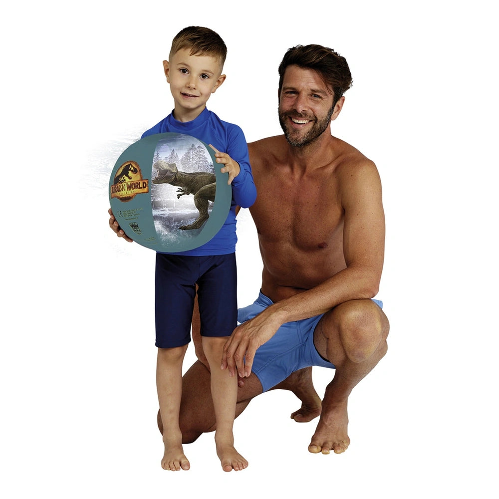 Happy People Jurassic World Water Ball with a smiling man and boy, both barefoot in blue outfits, enjoying outdoor fun.