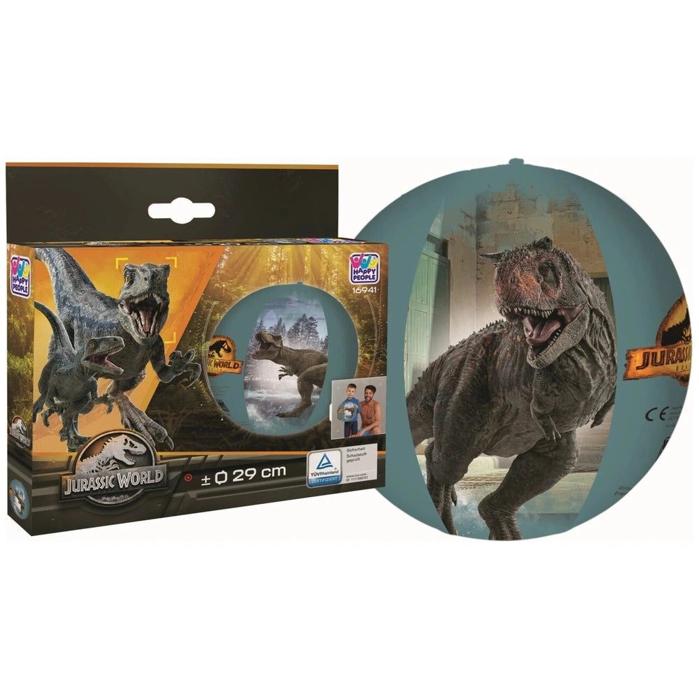 Happy People Jurassic World Water Ball 29 cm in yellow packaging with a gray dinosaur figure and product information label.