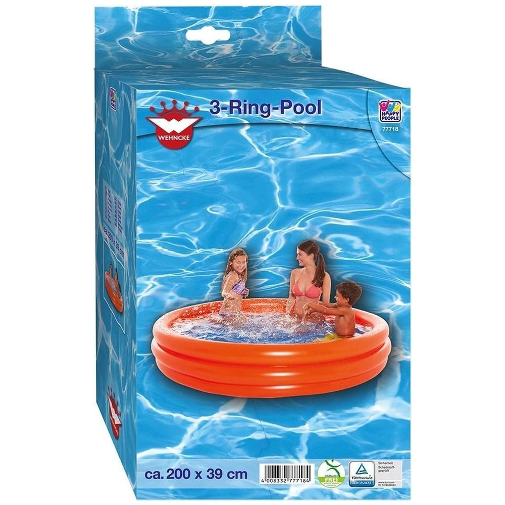 Happy People 3-Ring-Pool packaging featuring a glossy blue box with a circular pool image, three people in swimsuits, and pro