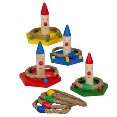 Happy People ring toss game featuring colorful wooden pegs with clown noses, rope, and beads on a cardboard base.