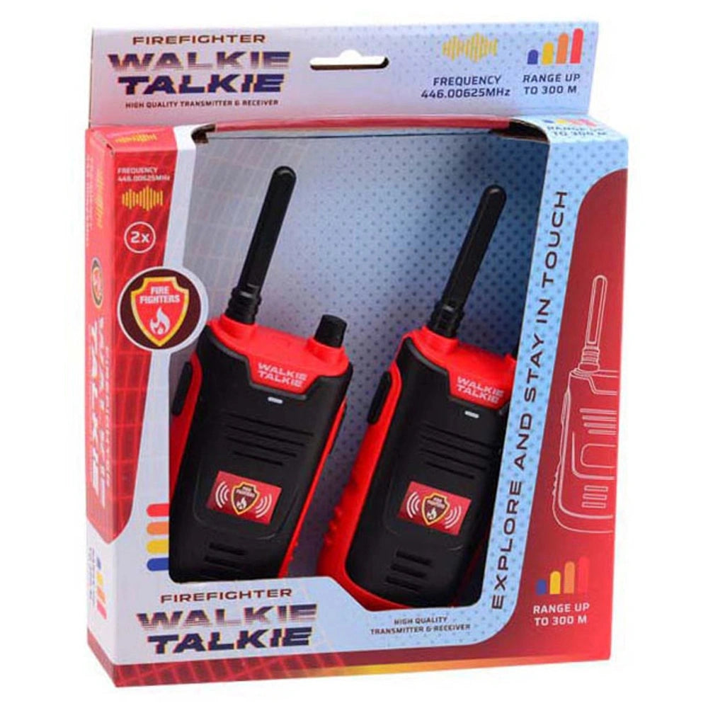 Firefighter Walkie Talkie Set in red and white box with two red and black walkie talkies and black antennas for kids.
