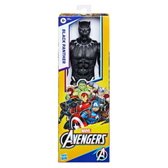 Black Panther Deluxe Action Figure in yellow packaging with Avengers logo, blue and red text, and transparent plastic window.