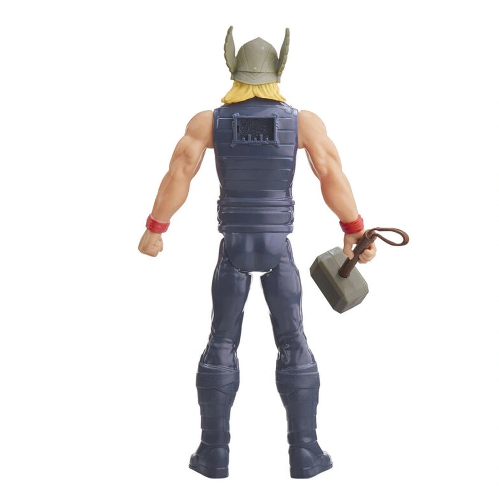 Thor action figure with a matte plastic finish, wearing a gray helmet, blue outfit, and holding a metallic hammer.
