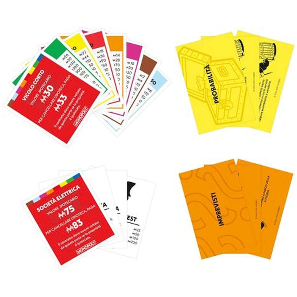 Monopoly Classic Italian Edition board game packaging featuring red, white, yellow, and brown cardboard with printed text.