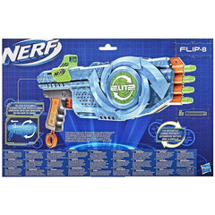 Nerf Elite 2.0 Flipshots Flip-8 Blaster in blue and green packaging with a transparent window and white text.