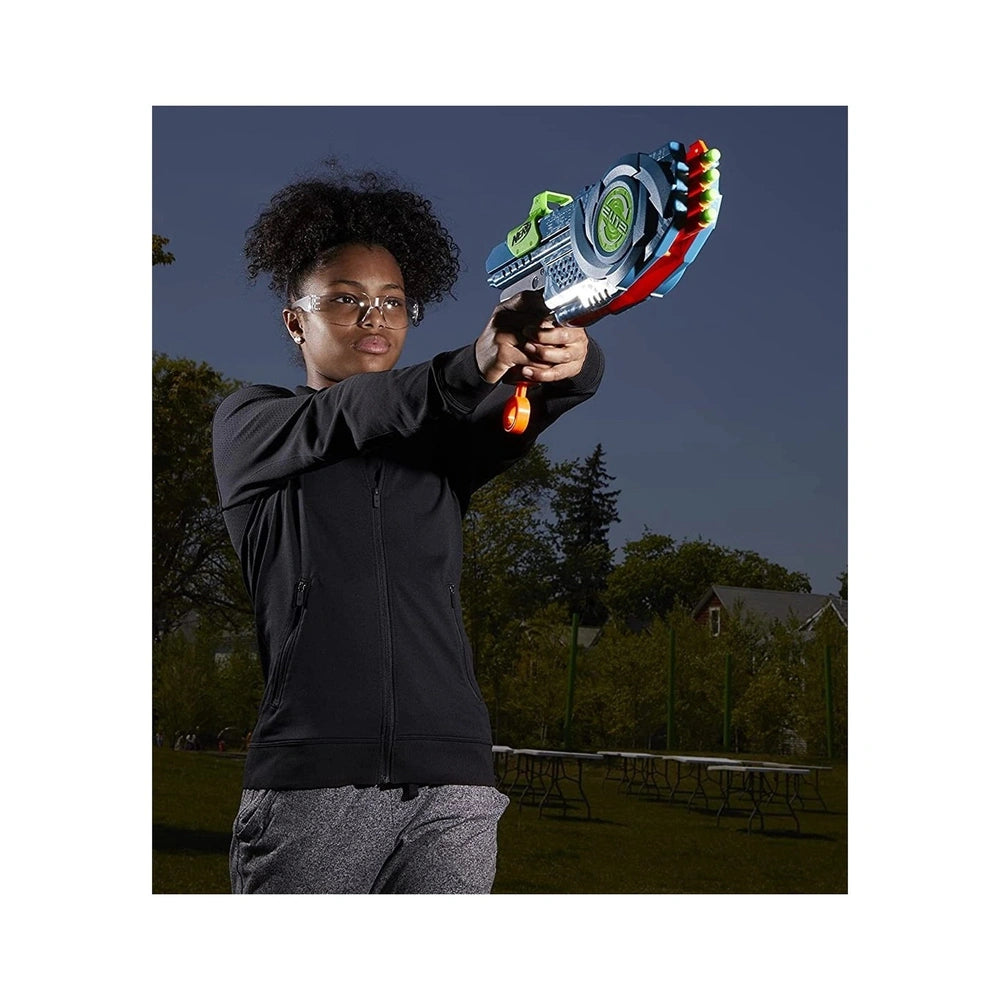 Nerf Elite 2.0 Flipshots Flip-8 Blaster held by a person in black attire outdoors, showcasing vibrant colors and playful desi