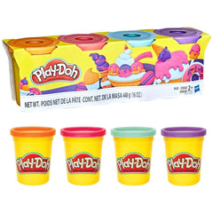 Play-Doh 4 Cans Pack features yellow cardboard packaging with a plastic window showcasing red, pink, orange, and purple cups.