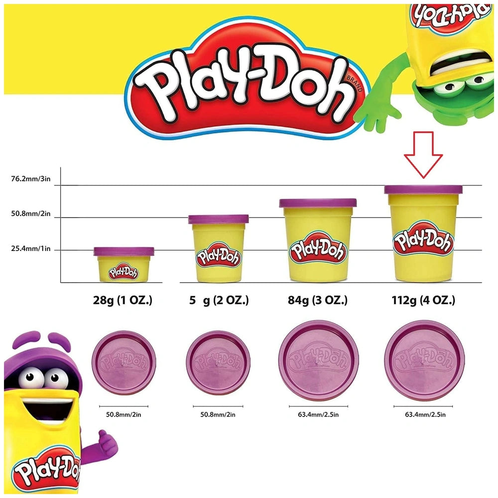 Play-Doh 4 Cans Pack with red and white logo, green character, and five yellow plastic containers on a white surface.