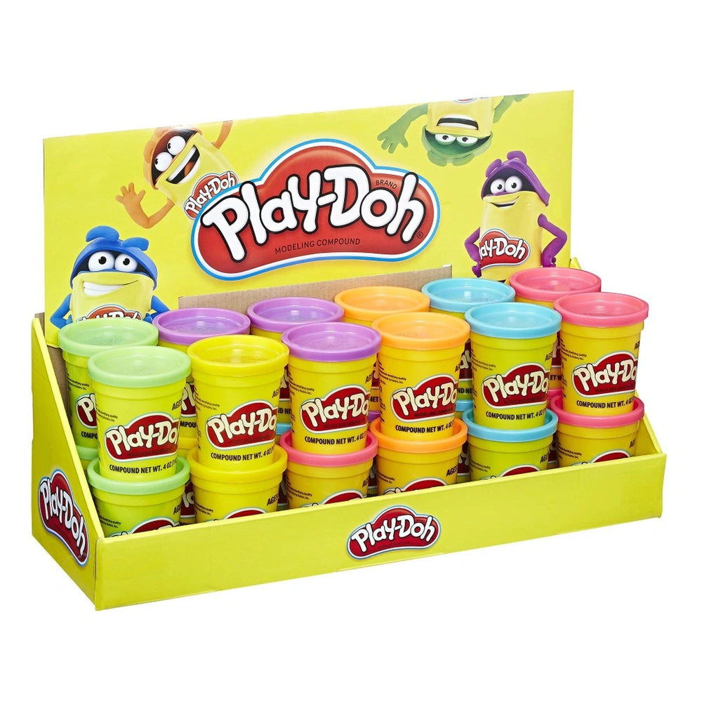 Play-Doh modeling dough packaging features 12 colorful plastic containers with red and white logos on a cardboard backdrop.