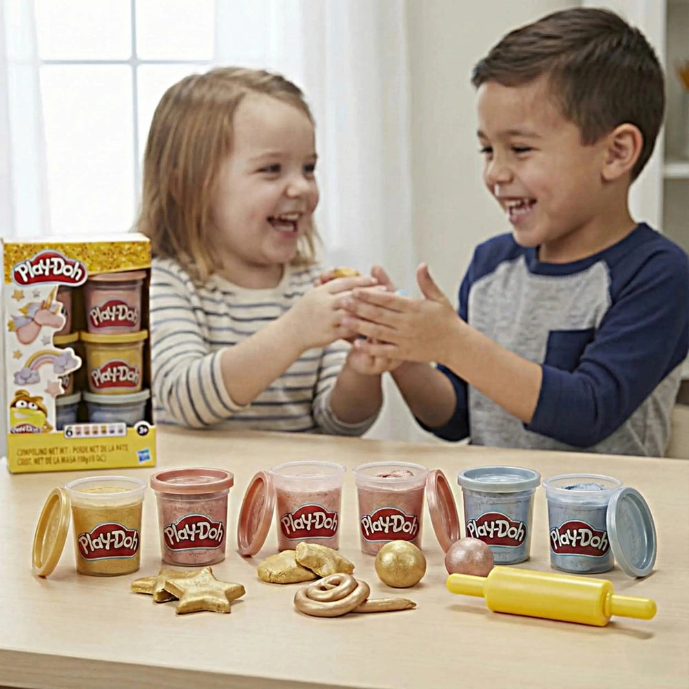 Hasbro Play-Doh Metallics Compound Collection features colorful containers, accessories, and two children playing on a light 