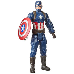 Titan Hero Captain America action figure with glossy blue costume, red accents, and a red shield, standing upright.