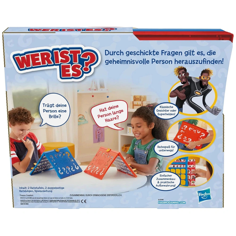 Hasbro Wer Ist Es Board Game German Edition packaging in blue, red, and white with colorful graphics and cardboard materials.