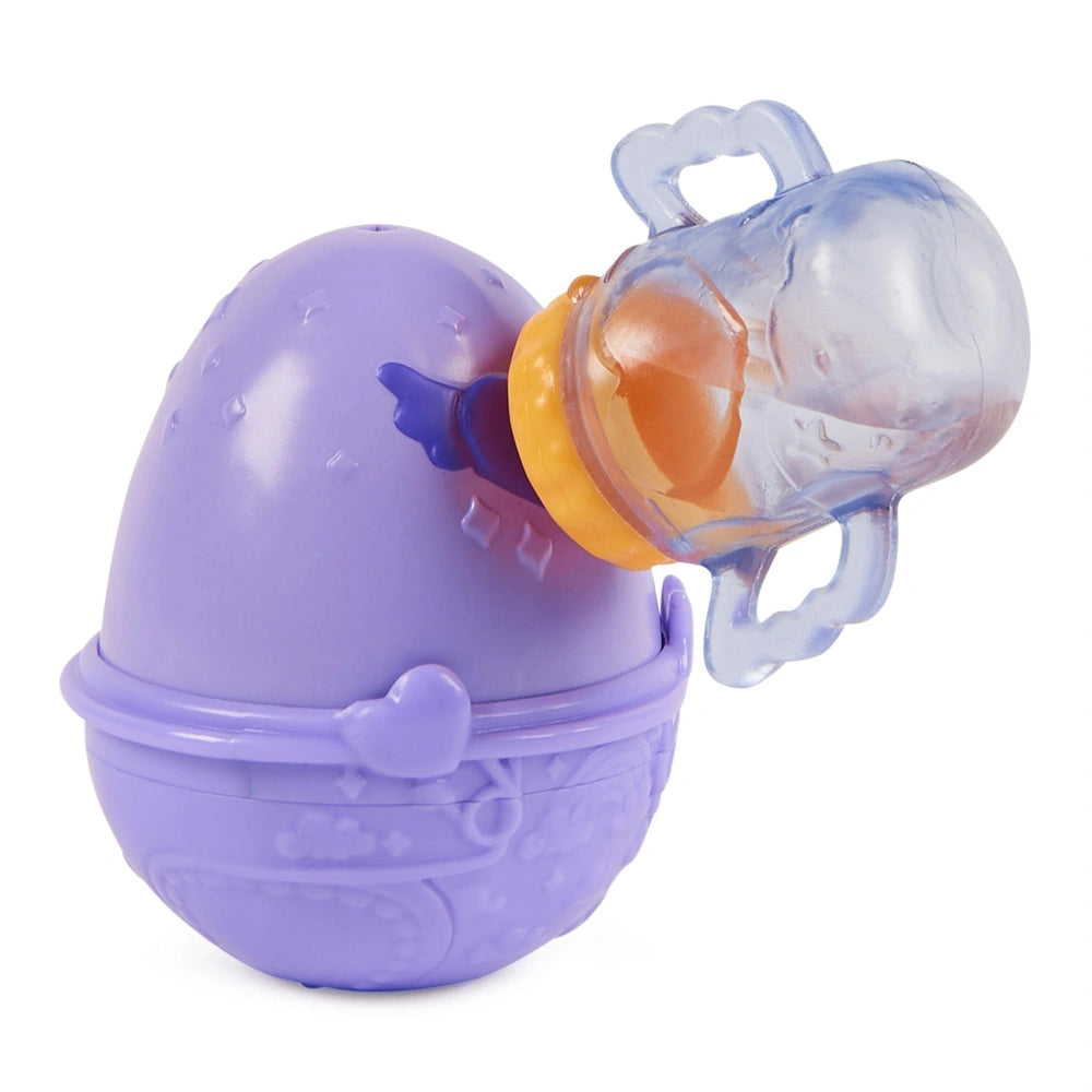Purple plastic egg toy with a yellow and orange top, featuring a heart-shaped indentation and a blue handle.