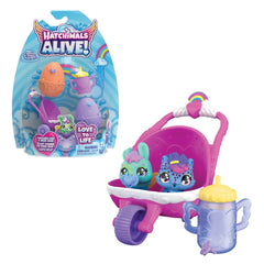 Hatchimals Alive Hatch N’ Stroll Playset features a pink stroller car and an orange egg with a face and heart design.