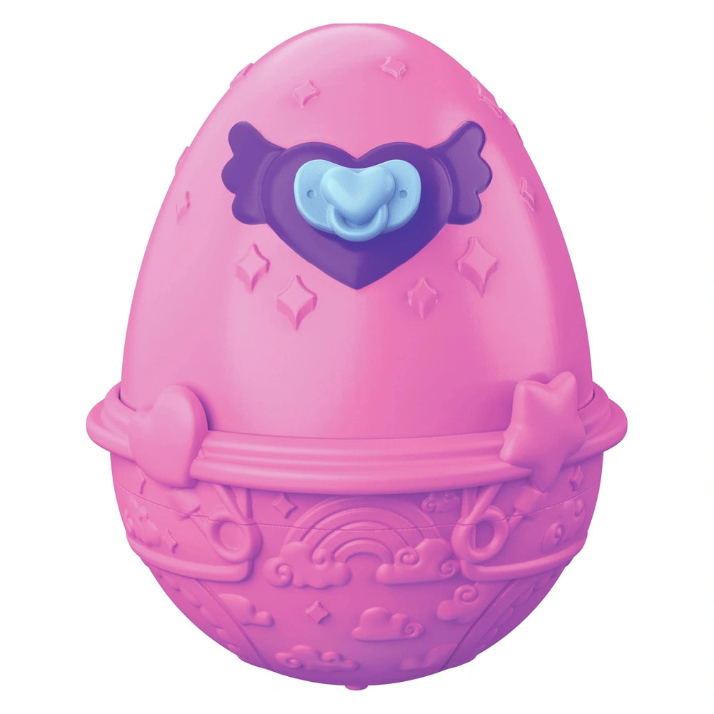 Pink glossy egg with a blue heart on top and scattered star shapes, set against a plain white background.