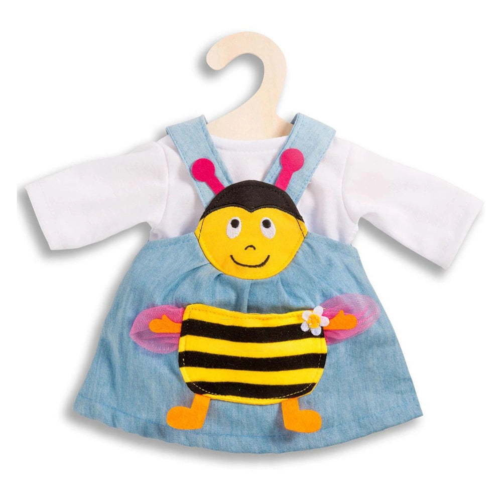 Heless Bee Dress 2-Piece features blue, yellow, black, and white fabrics on a wooden hanger for dolls 28-35 cm.