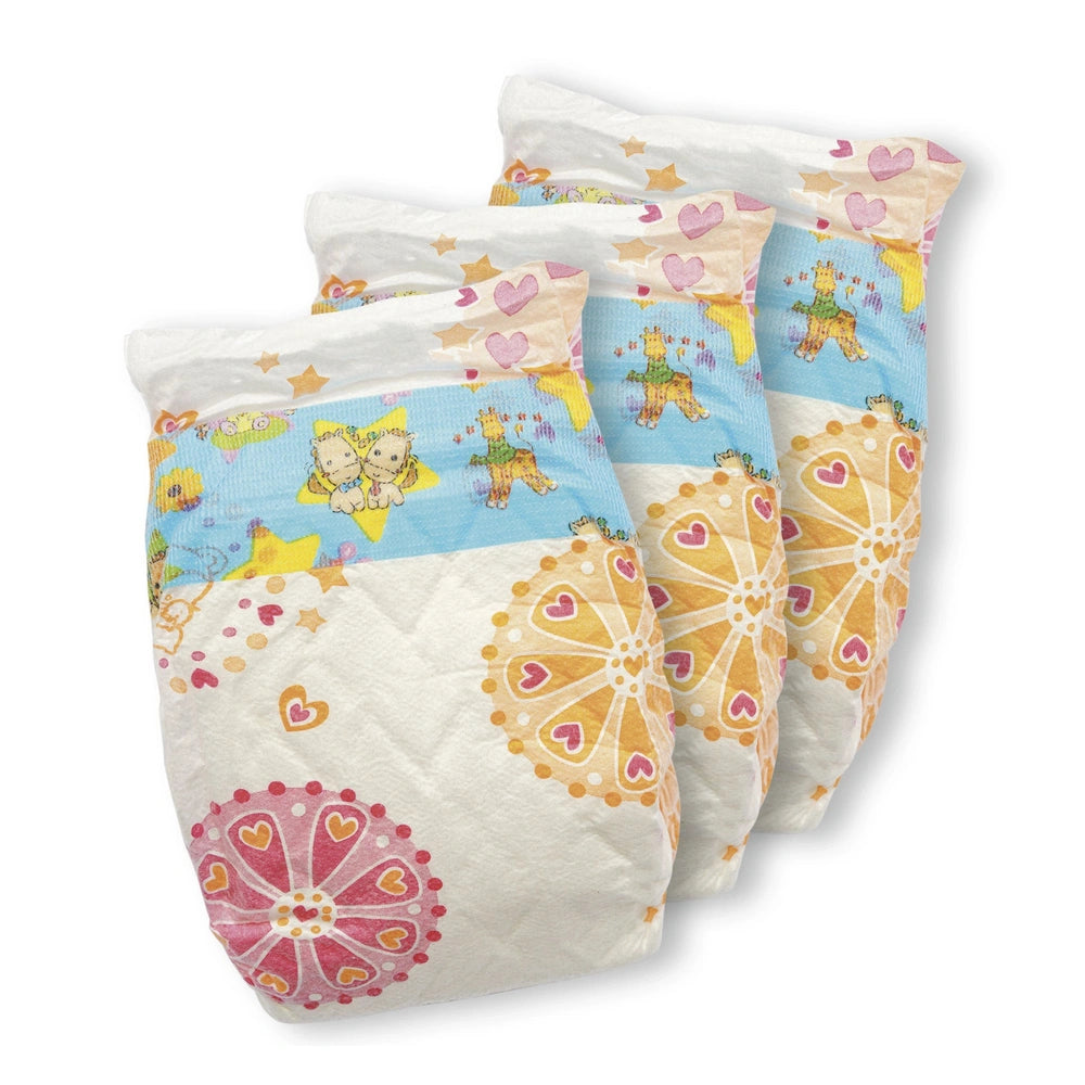Heless reusable doll diaper, 35-50 cm, features a quilted white fabric with colorful stars, hearts, and floral patterns.