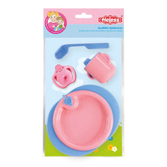 Heless Eat And Drink Set features pink teapot, plate, and blue spoon, showcased in glossy retail packaging with floral design