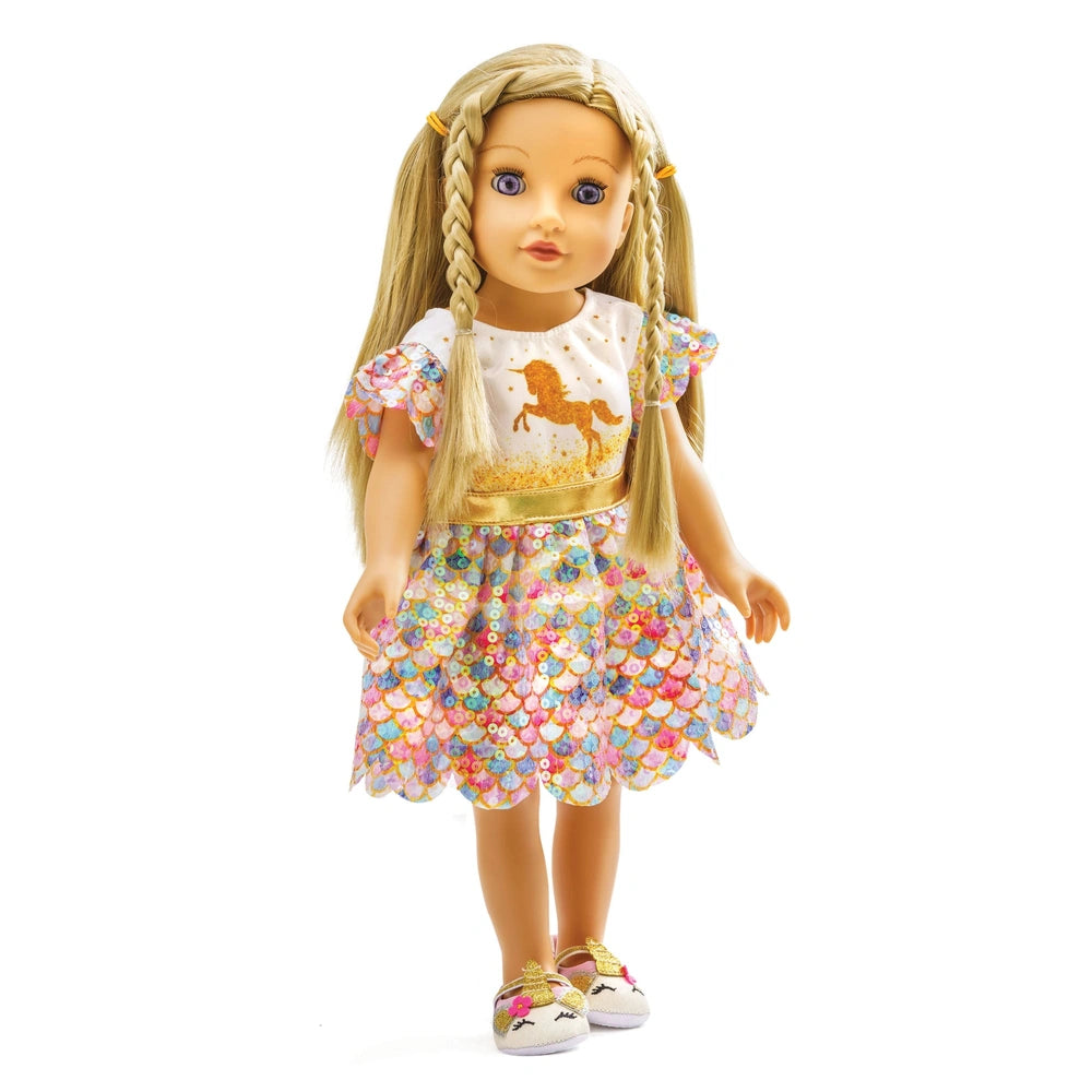 Heless Glitter Dress Unicorn Goldy doll features long blonde hair, blue eyes, a floral dress, and white shoes with black patt