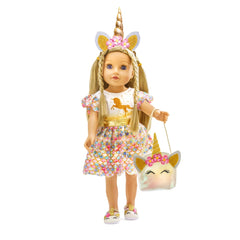 Glitter dress unicorn Goldy features a floral-patterned dress, blonde hair, and a unicorn with gold and pink accents.