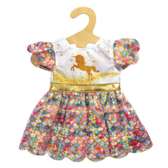 Glitter dress for dolls features a white top with unicorn graphic, colorful floral skirt, and shiny gold belt.
