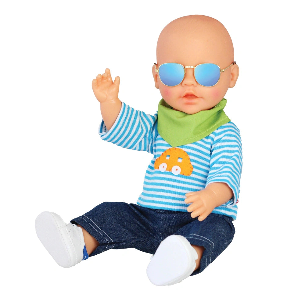 Doll dressed in blue and white striped shirt with green bib, dark blue denim pants, and blue-tinted sunglasses.