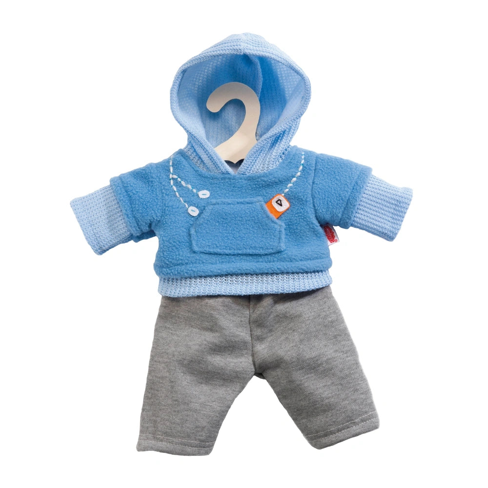 Heless jogging tracksuit for dolls features a blue hoodie and gray shorts with a white plastic hang tag.