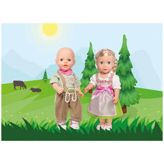 Heless knickerbockers with shirt 3-piece set includes two dolls in fabric outfits against a vibrant green field and blue sky.