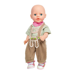 Heless Knickerbockers set features a smiling doll with light brown hair, blue eyes, green checkered shirt, and pink shoes.