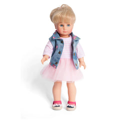 Lace dress with denim vest for dolls, featuring blonde hair, blue eyes, and pink skirt and shoes, size 35-45 cm.