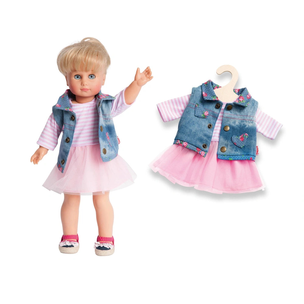Lace dress and denim vest doll outfit featuring blonde hair, blue eyes, pink lips, and pink and white shoes.
