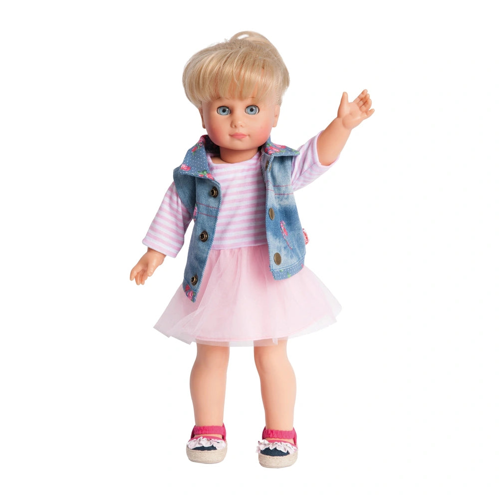 dressed in a denim vest and a pink floral skirt, featuring blonde hair and blue eyes.