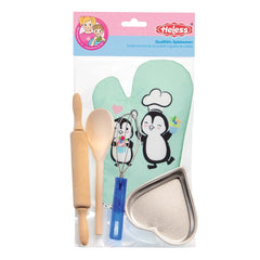 Heless Penguin Baking Set packaging features two penguins in chef hats, wooden rolling pin, blue whisk, and heart-shaped cook