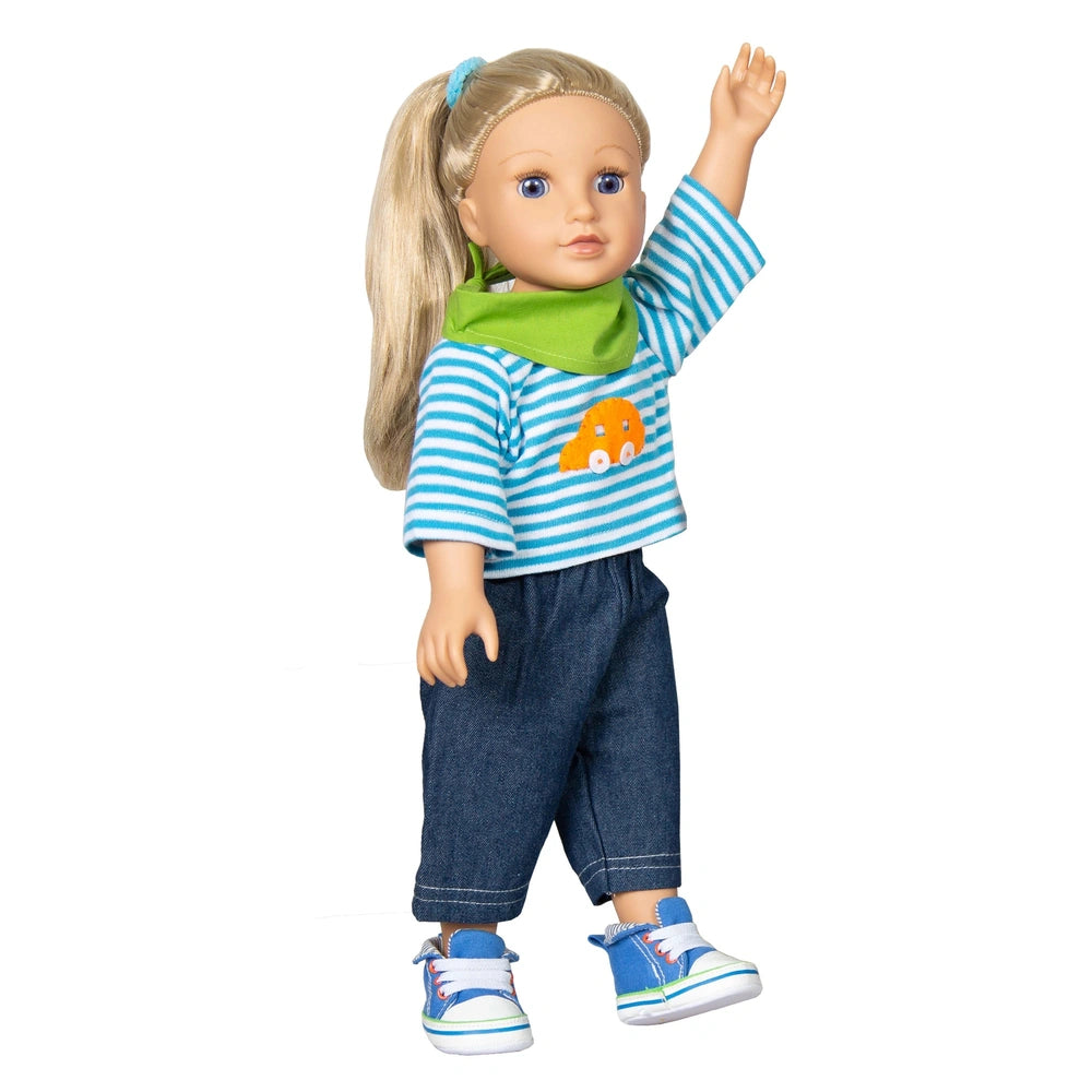 Heless sneakers in blue for dolls, featuring a smooth blonde-haired doll in blue jeans and a striped green-collared shirt.