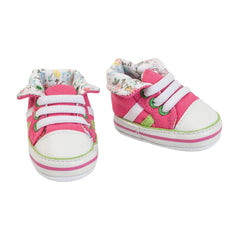 Pink Heless sneakers for dolls feature a floral-patterned upper, white sole, and laces with green accents.