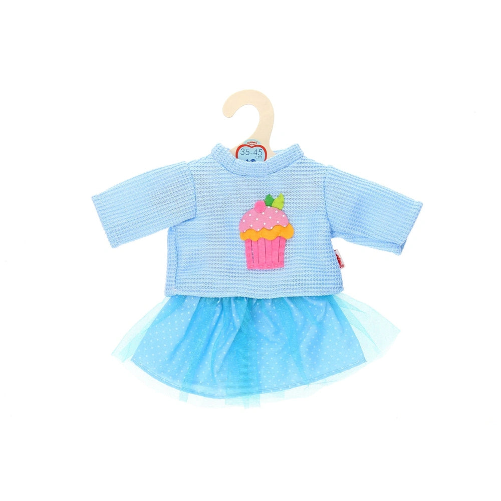 Heless sweater and cupcake skirt set features light blue knit top with white dots and a light blue tulle skirt on a cardboard