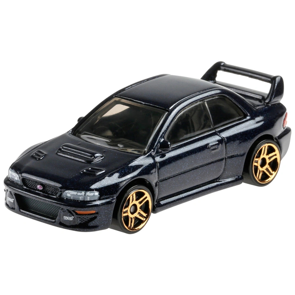 Hot Wheels HW Racing Track vehicle features a glossy black body, metallic wheels, and a matte roof in a centered front view.