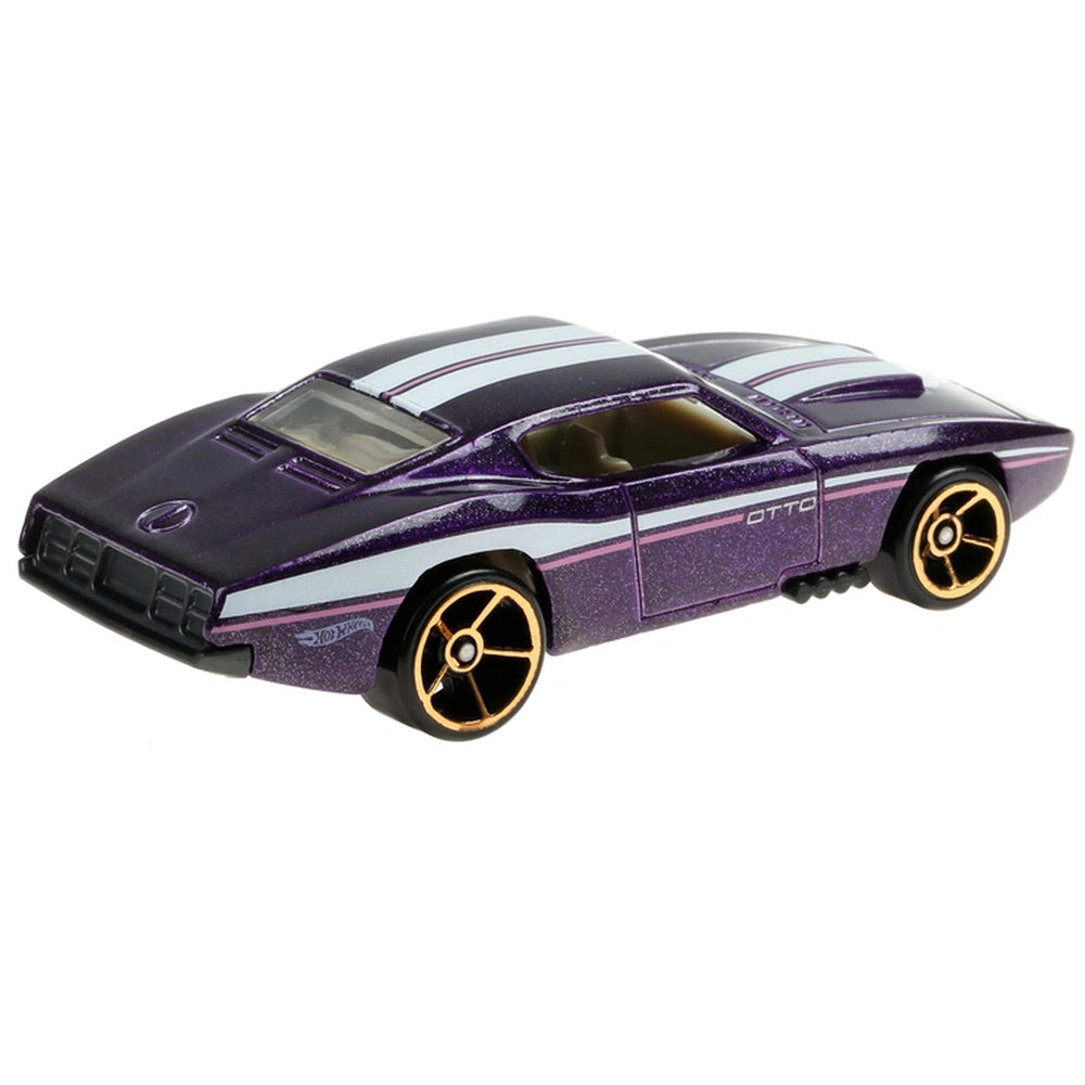 Hot Wheels racing track die-cast vehicle features a glossy purple and white design with gold-centered wheels and transparent 